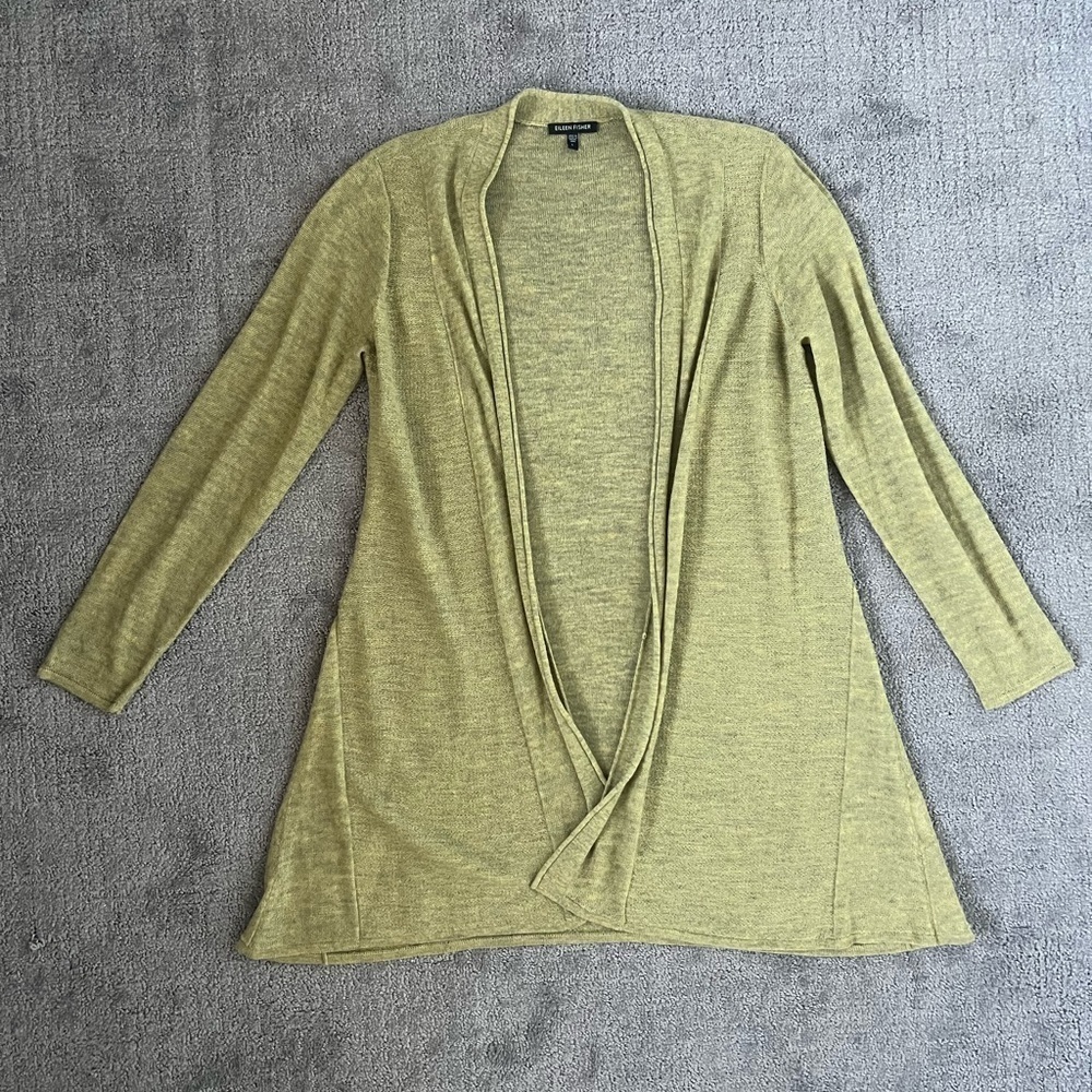 Eileen Fisher Green Sheer Fishnet Wool Open Front Cardigan